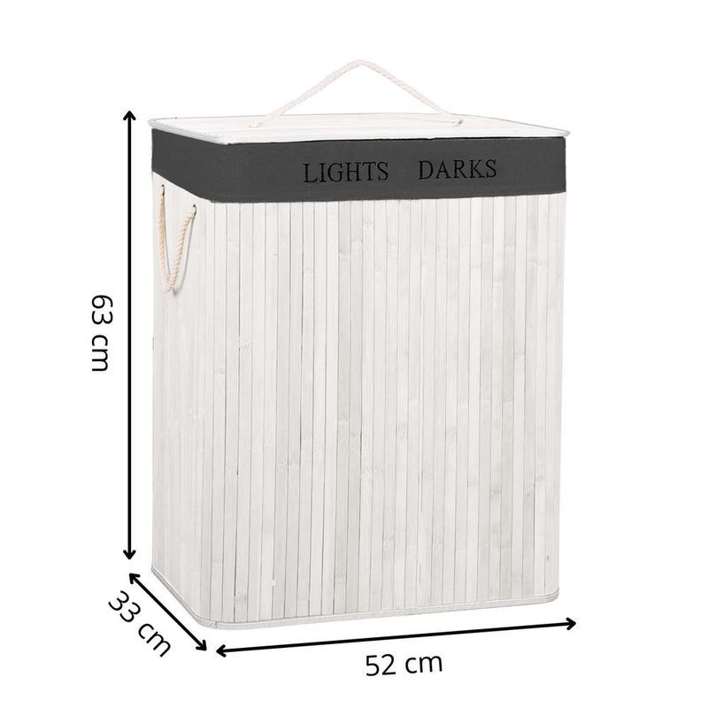 Market - Spalare si intretinere rufe - Uscatoare de rufe si accesorii - Cos pentru rufe din bambus, pliabil, cu 2 compartimente, volum 105 L, 63x52x33 cm, alb si gri inchis - Infinity.ro