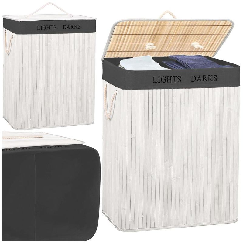 Market - Spalare si intretinere rufe - Uscatoare de rufe si accesorii - Cos pentru rufe din bambus, pliabil, cu 2 compartimente, volum 105 L, 63x52x33 cm, alb si gri inchis - Infinity.ro