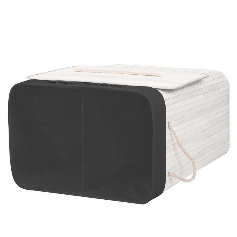 Market - Spalare si intretinere rufe - Uscatoare de rufe si accesorii - Cos pentru rufe din bambus, pliabil, cu 2 compartimente, volum 105 L, 63x52x33 cm, alb si gri inchis - Infinity.ro