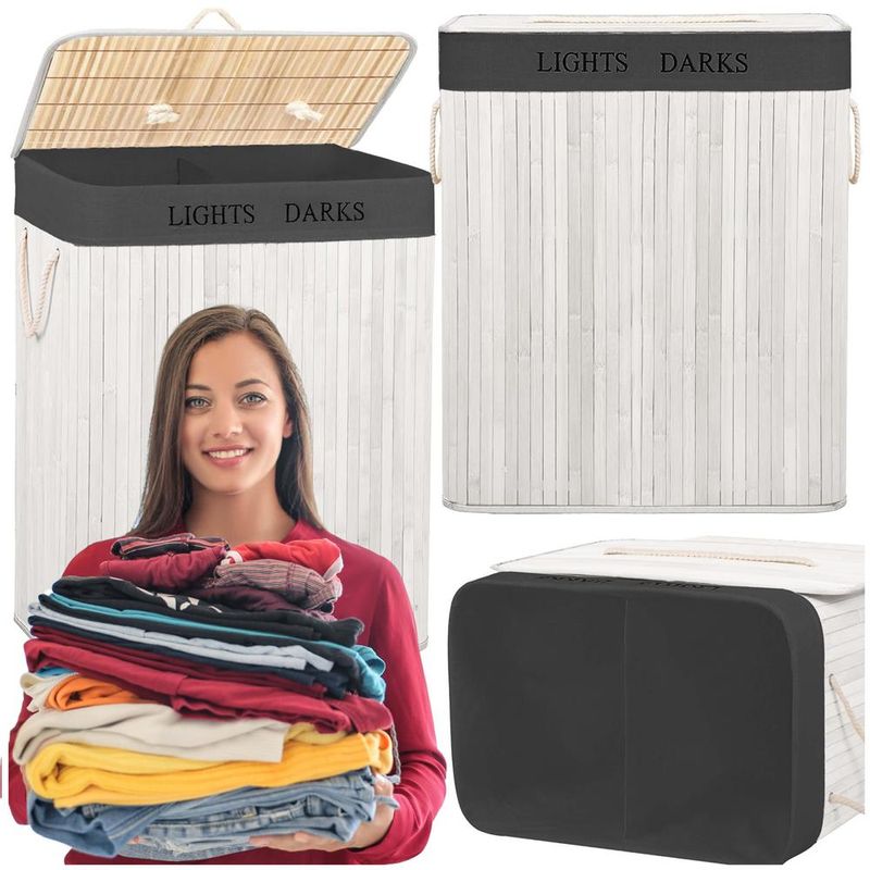 Market - Spalare si intretinere rufe - Uscatoare de rufe si accesorii - Cos pentru rufe din bambus, pliabil, cu 2 compartimente, volum 105 L, 63x52x33 cm, alb si gri inchis - Infinity.ro