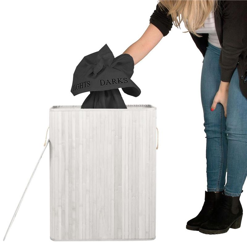 Market - Spalare si intretinere rufe - Uscatoare de rufe si accesorii - Cos pentru rufe din bambus, pliabil, cu 2 compartimente, volum 105 L, 63x52x33 cm, alb si gri inchis - Infinity.ro