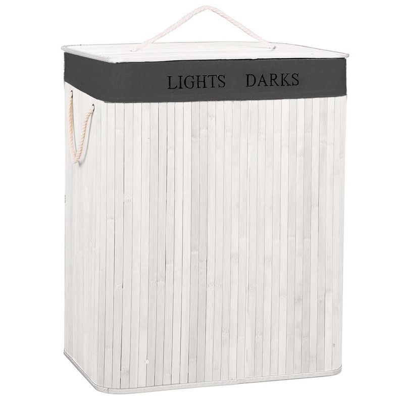 Market - Spalare si intretinere rufe - Uscatoare de rufe si accesorii - Cos pentru rufe din bambus, pliabil, cu 2 compartimente, volum 105 L, 63x52x33 cm, alb si gri inchis - Infinity.ro