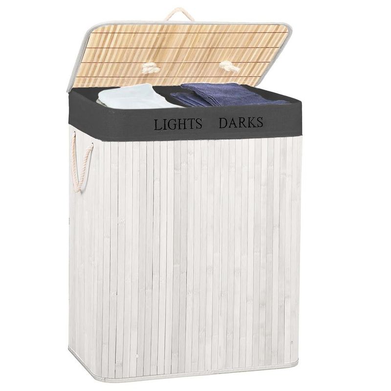 Market - Spalare si intretinere rufe - Uscatoare de rufe si accesorii - Cos pentru rufe din bambus, pliabil, cu 2 compartimente, volum 105 L, 63x52x33 cm, alb si gri inchis - Infinity.ro