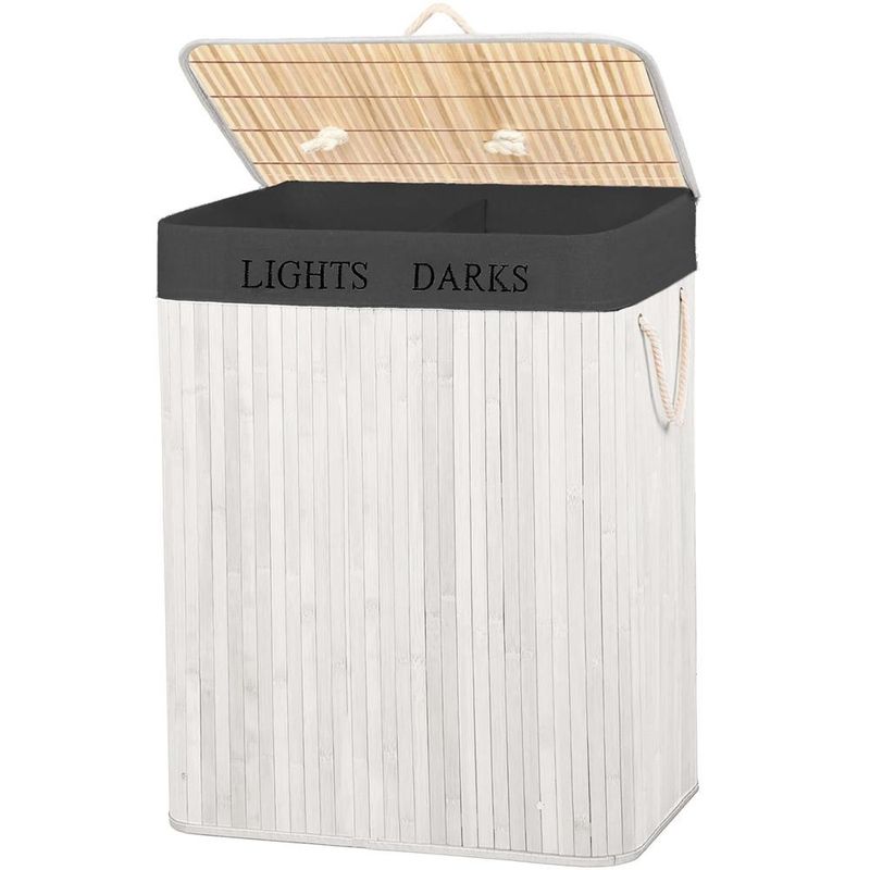 Market - Spalare si intretinere rufe - Uscatoare de rufe si accesorii - Cos pentru rufe din bambus, pliabil, cu 2 compartimente, volum 105 L, 63x52x33 cm, alb si gri inchis - Infinity.ro