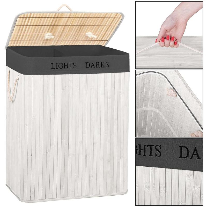 Market - Spalare si intretinere rufe - Uscatoare de rufe si accesorii - Cos pentru rufe din bambus, pliabil, cu 2 compartimente, volum 105 L, 63x52x33 cm, alb si gri inchis - Infinity.ro