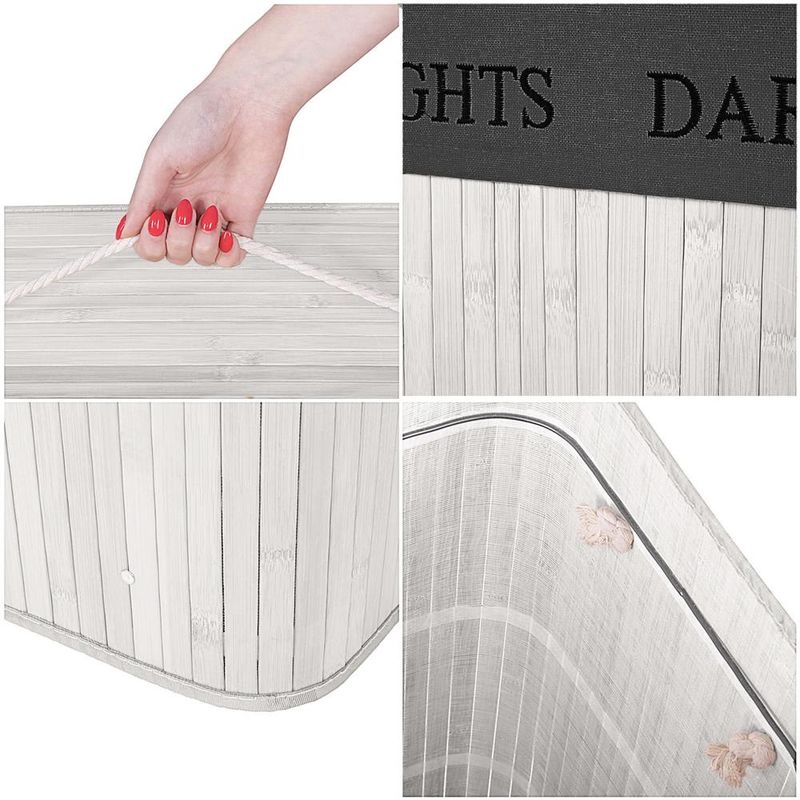 Market - Spalare si intretinere rufe - Uscatoare de rufe si accesorii - Cos pentru rufe din bambus, pliabil, cu 2 compartimente, volum 105 L, 63x52x33 cm, alb si gri inchis - Infinity.ro