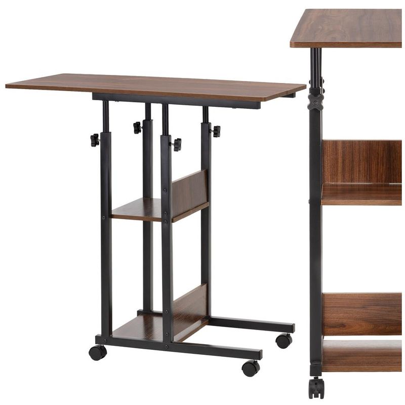 Casa si Gradina - Mobilier - Mese si birouri - Birouri - Birou reglabil pe inaltime cu rafturi si roti, blat din lemn si structura metalica, 80x40x76-86 cm, maro inchis - Infinity.ro