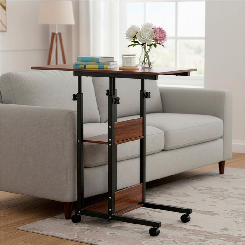 Casa si Gradina - Mobilier - Mese si birouri - Birouri - Birou reglabil pe inaltime cu rafturi si roti, blat din lemn si structura metalica, 80x40x76-86 cm, maro inchis - Infinity.ro