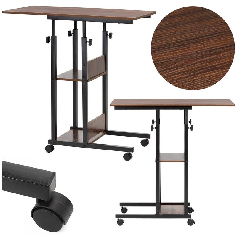 Casa si Gradina - Mobilier - Mese si birouri - Birouri - Birou reglabil pe inaltime cu rafturi si roti, blat din lemn si structura metalica, 80x40x76-86 cm, maro inchis - Infinity.ro