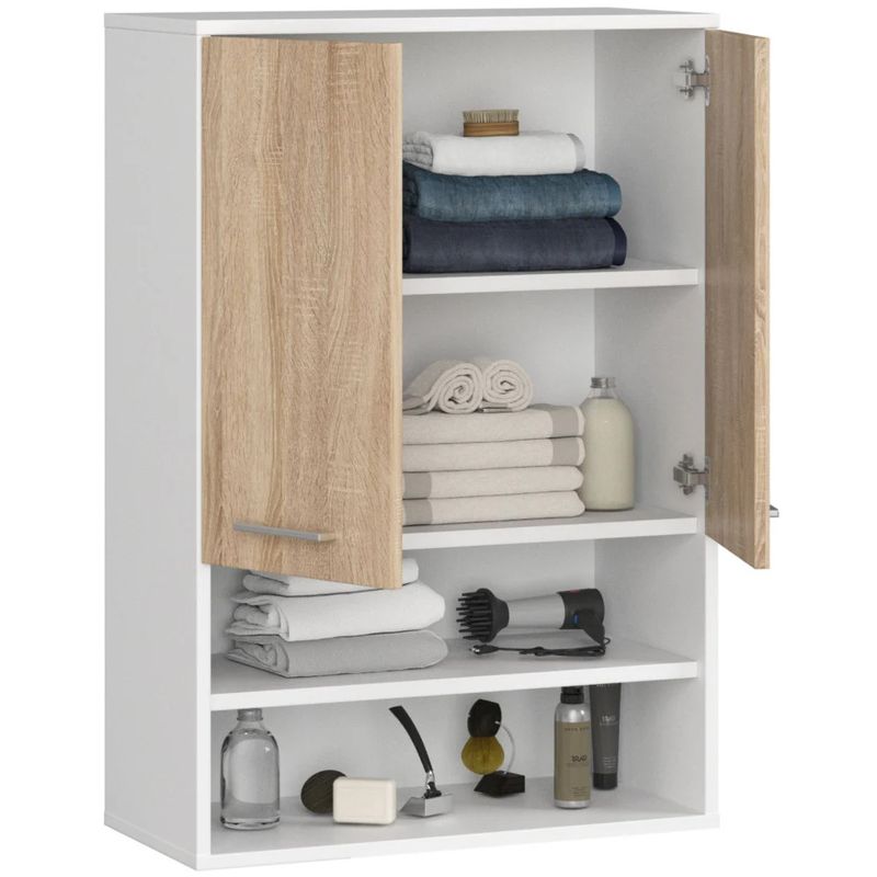 Casa si Gradina - Mobilier - Mobilier baie - Corpuri baie - Dulap baie suspendat, cu 2 usi si 2 rafturi deschise, PAL 16 mm, 64x30x94 cm, alb si stejar sonoma - Infinity.ro