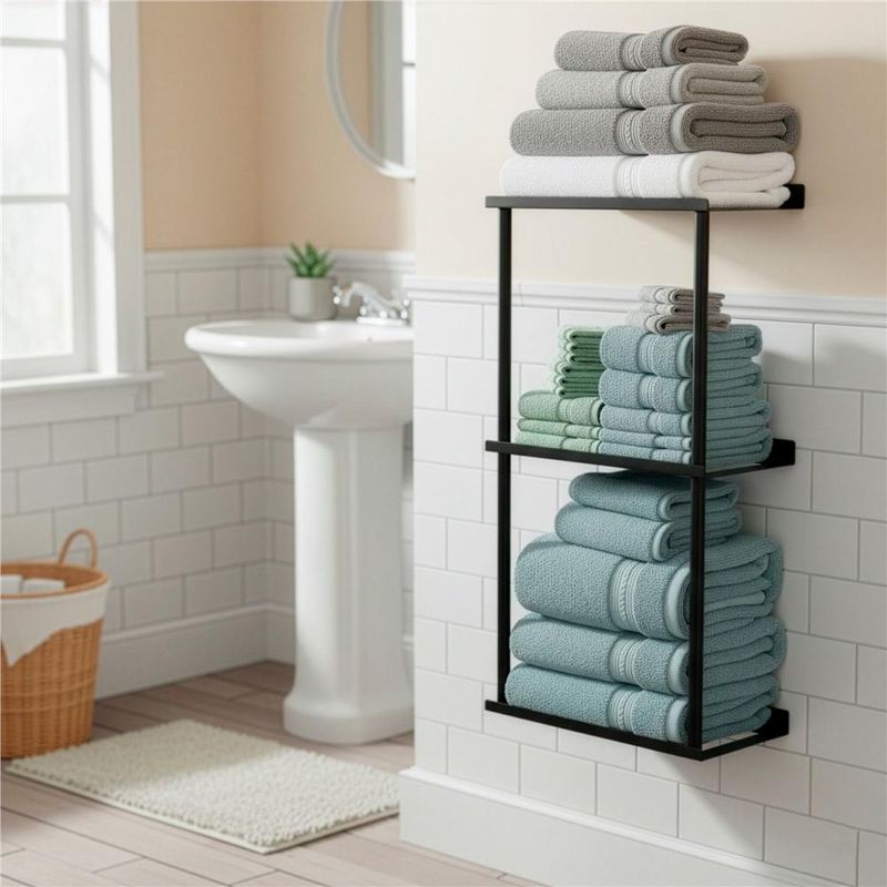 Casa si Gradina - Mobilier - Mobilier baie - Corpuri baie - Raft metalic pentru prosoape, structura cu finisaj mat, accesorii montaj incluse, 25x16x76 cm, negru - Infinity.ro