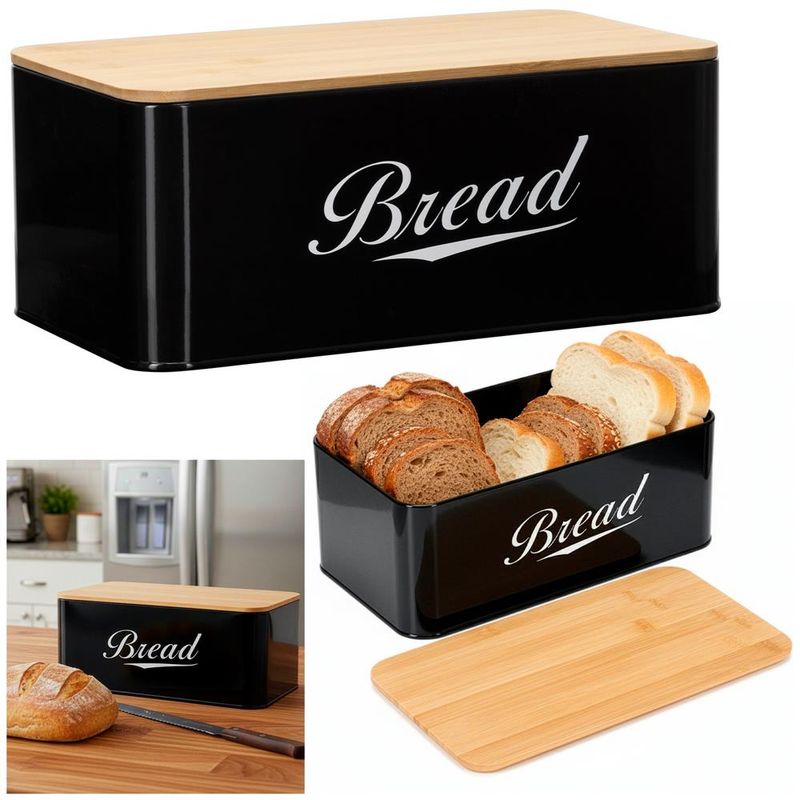 Casa si Gradina - Bucatarie si vesela - Organizare si depozitare bucatarie - Cutii alimentare - Cutie pentru paine din metal cu capac din bambus, finisaj lucios, 33x18x14 cm, negru - Infinity.ro