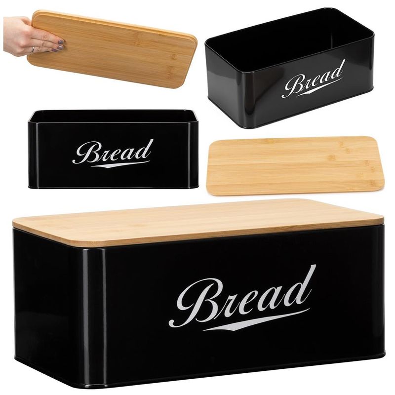 Casa si Gradina - Bucatarie si vesela - Organizare si depozitare bucatarie - Cutii alimentare - Cutie pentru paine din metal cu capac din bambus, finisaj lucios, 33x18x14 cm, negru - Infinity.ro