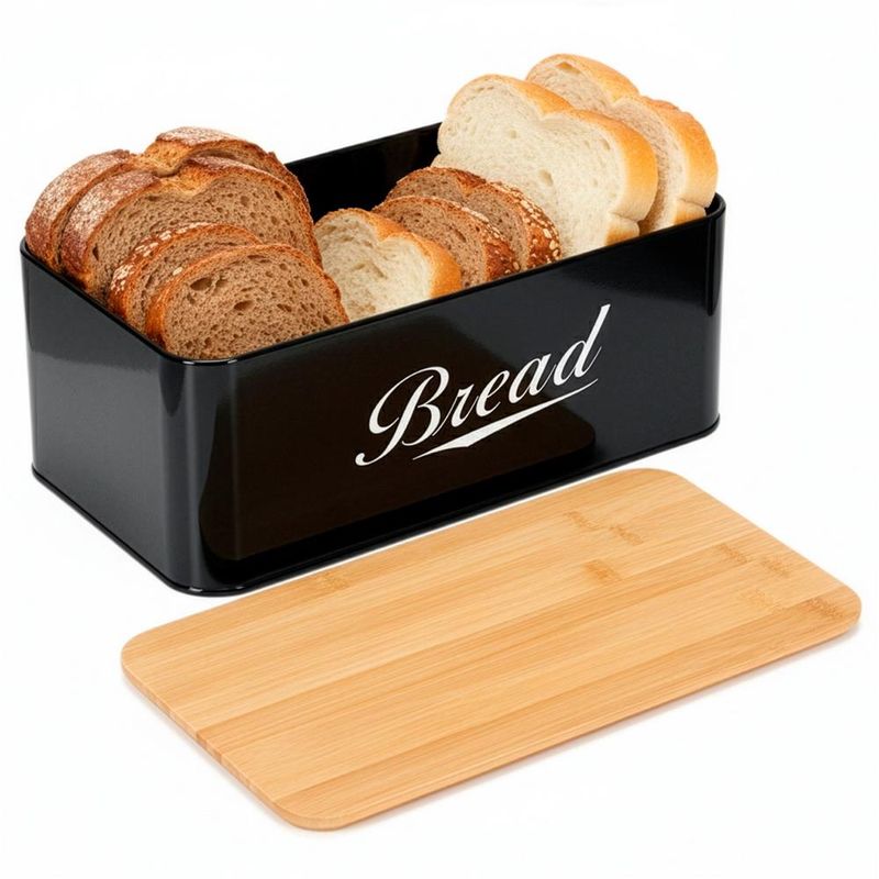 Casa si Gradina - Bucatarie si vesela - Organizare si depozitare bucatarie - Cutii alimentare - Cutie pentru paine din metal cu capac din bambus, finisaj lucios, 33x18x14 cm, negru - Infinity.ro