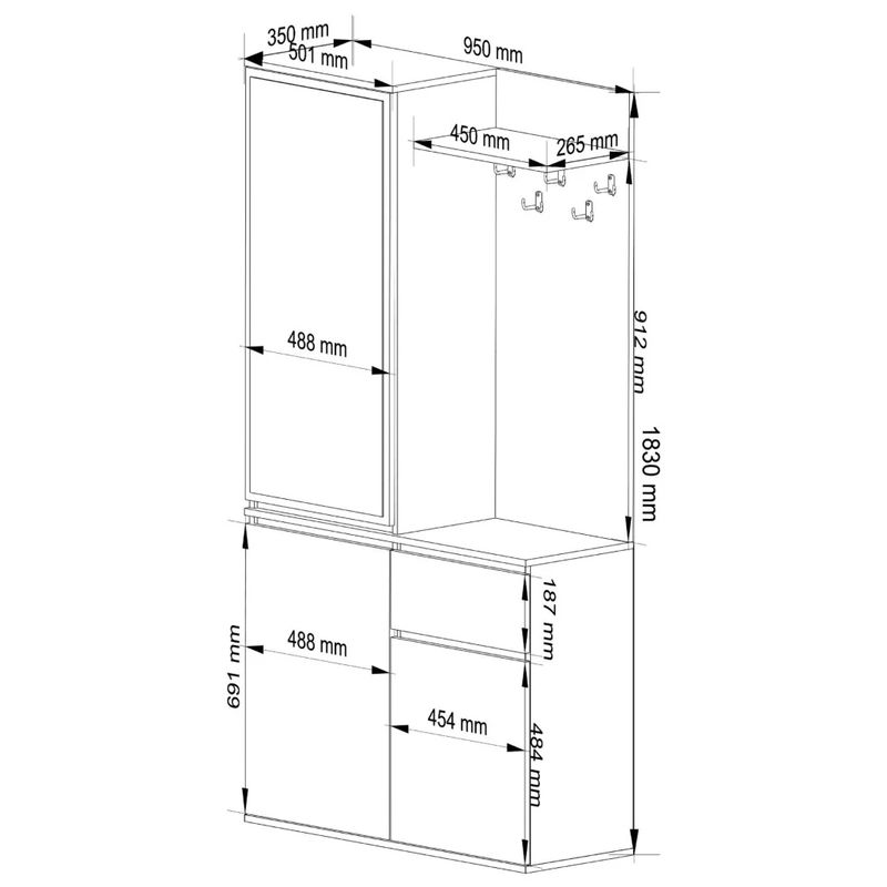 Casa si Gradina - Mobilier - Organizare si depozitare - Cuiere - Set hol Entro cu oglinda, cuier si spatii de depozitare, PAL laminat 16 mm, 95x35x183 cm, stejar sonoma - Infinity.ro