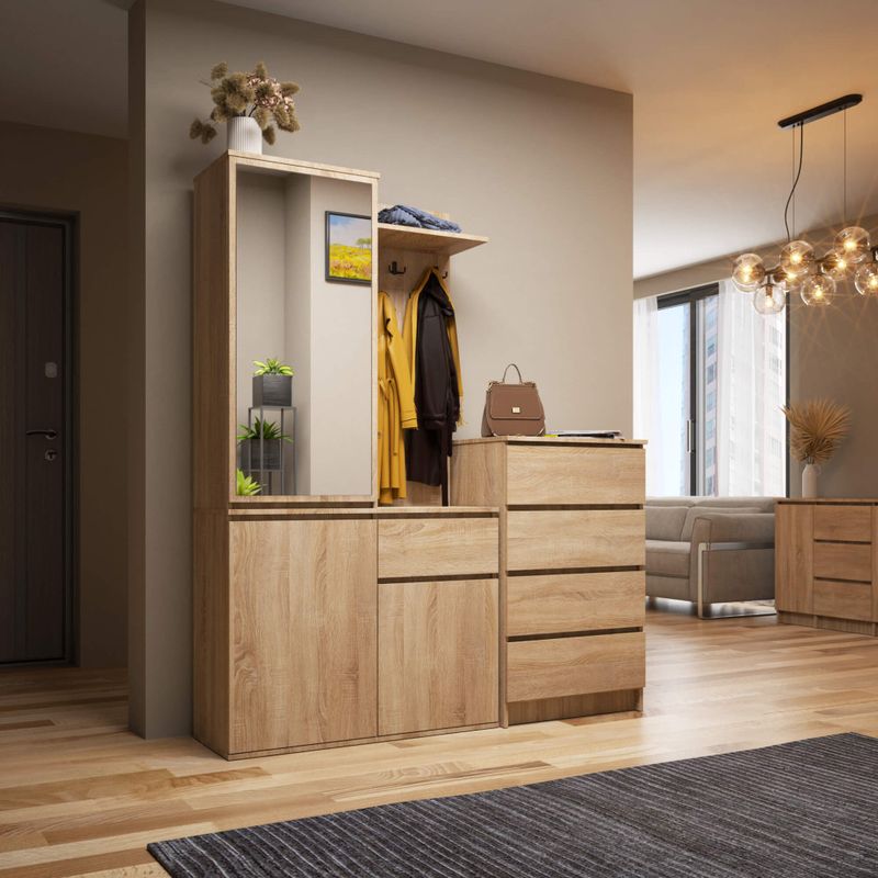 Casa si Gradina - Mobilier - Organizare si depozitare - Cuiere - Set hol Entro cu oglinda, cuier si spatii de depozitare, PAL laminat 16 mm, 95x35x183 cm, stejar sonoma - Infinity.ro