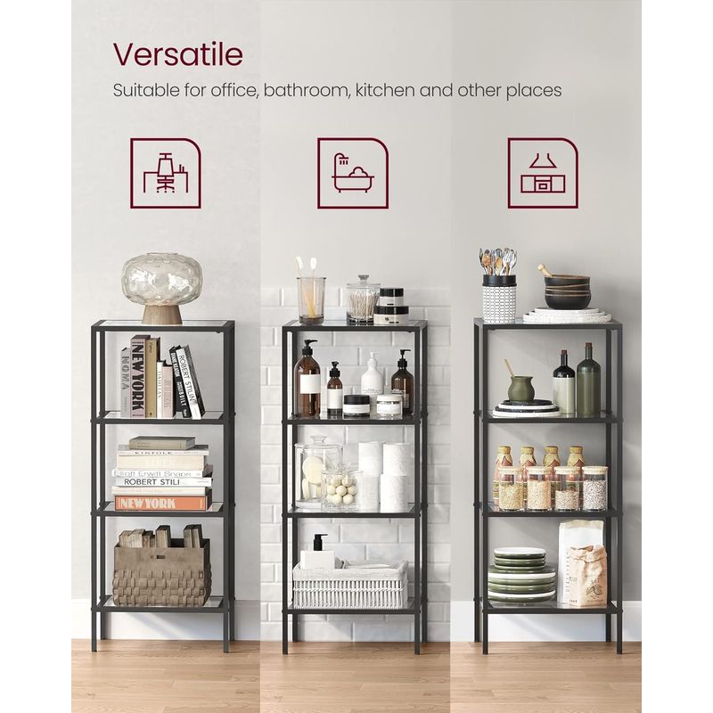 Casa si Gradina - Mobilier - Biblioteci si rafturi - Biblioteci - Raft cu trepte pentru dormitor, 4 etaje, din sticla securizata, cadru din otel, 30x95x40cm, negru - Infinity.ro