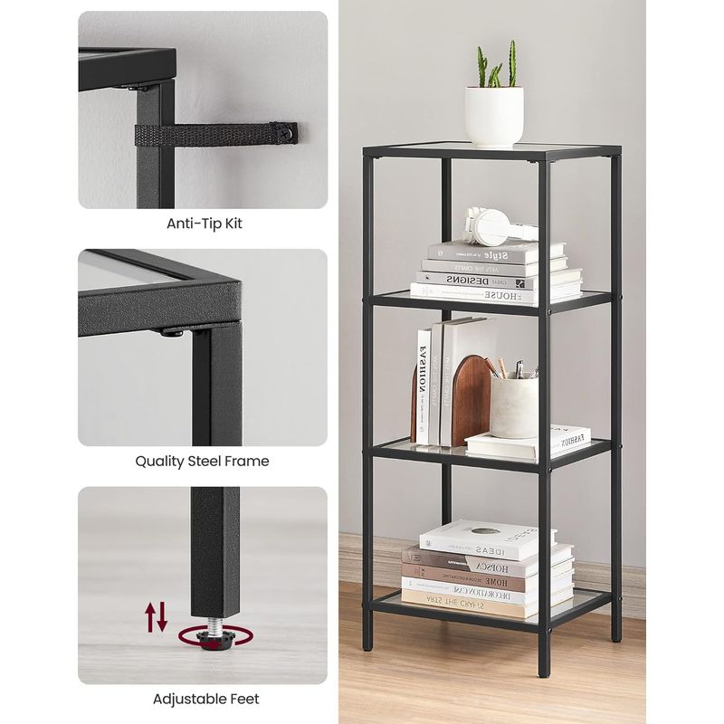 Casa si Gradina - Mobilier - Biblioteci si rafturi - Biblioteci - Raft cu trepte pentru dormitor, 4 etaje, din sticla securizata, cadru din otel, 30x95x40cm, negru - Infinity.ro