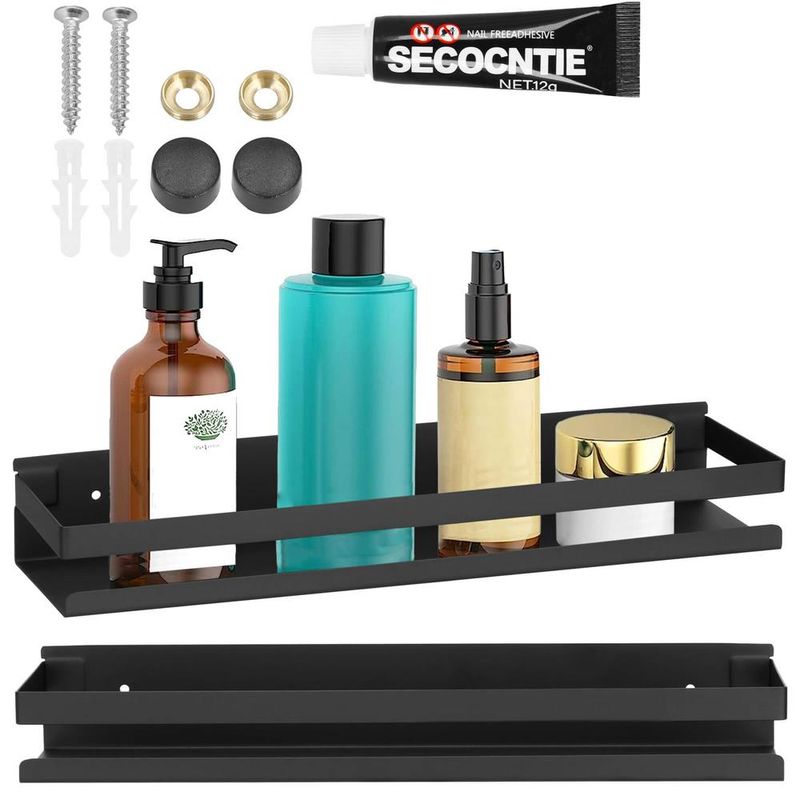 Casa si Gradina - Sanitare - Suporturi si accesorii baie - Suporturi baie - Raft de baie cu 2 sisteme instalare pe perete, aluminiu, 40x10x6cm, negru - Infinity.ro