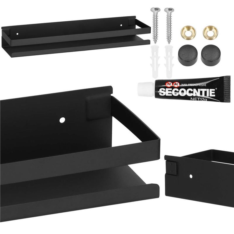 Casa si Gradina - Sanitare - Suporturi si accesorii baie - Suporturi baie - Raft de baie cu 2 sisteme instalare pe perete, aluminiu, 40x10x6cm, negru - Infinity.ro