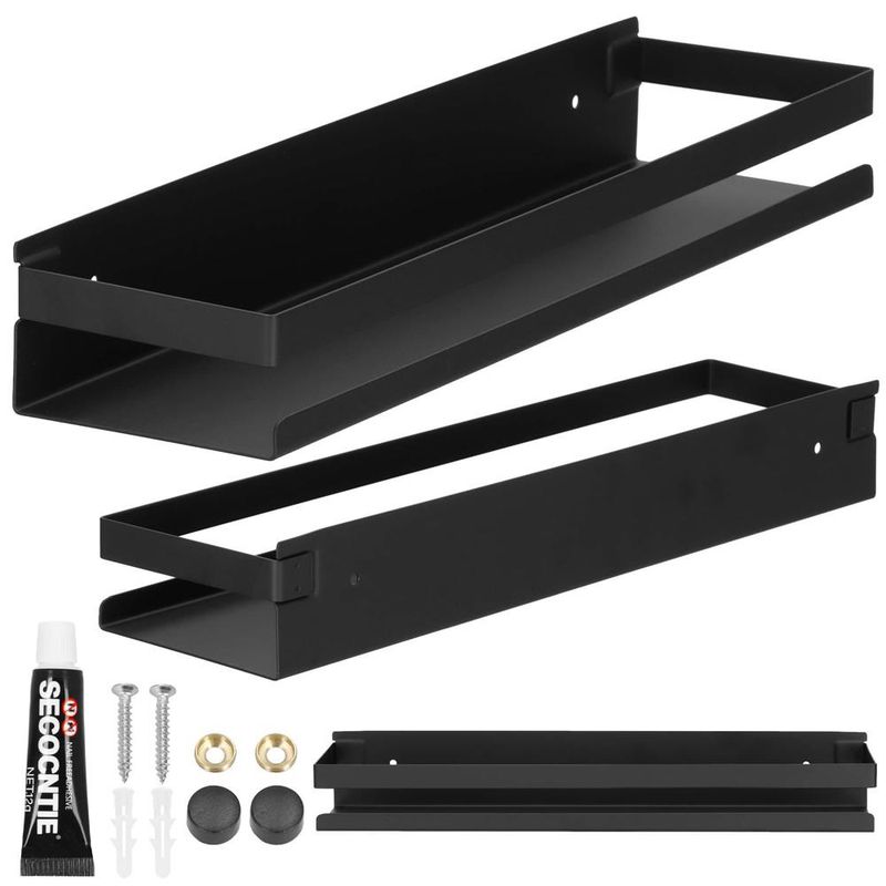 Casa si Gradina - Sanitare - Suporturi si accesorii baie - Suporturi baie - Raft de baie cu 2 sisteme instalare pe perete, aluminiu, 40x10x6cm, negru - Infinity.ro