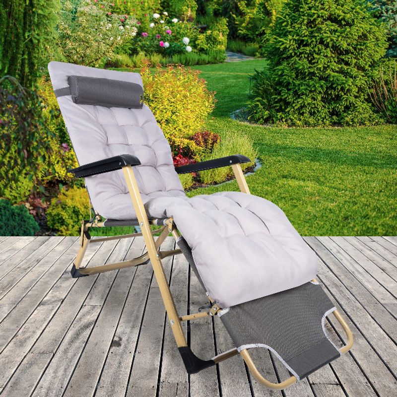 Casa si Gradina - Gradina si terasa - Mobilier exterior - Scaune si sezlonguri gradina - Sezlong pliabil pentru plaja sau gradina, cu perna si tetiera, functie pat, 64x178cm, gri - Infinity.ro