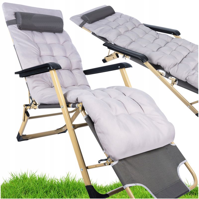 Casa si Gradina - Gradina si terasa - Mobilier exterior - Scaune si sezlonguri gradina - Sezlong pliabil pentru plaja sau gradina, cu perna si tetiera, functie pat, 64x178cm, gri - Infinity.ro