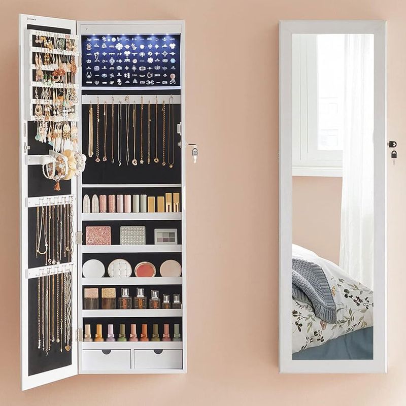 Casa si Gradina - Mobilier - Mobilier baie - Comode baie - Dulap de bijuterii cu oglinda, montare pe perete, incuietoare, 37x10x120cm, alb - Infinity.ro