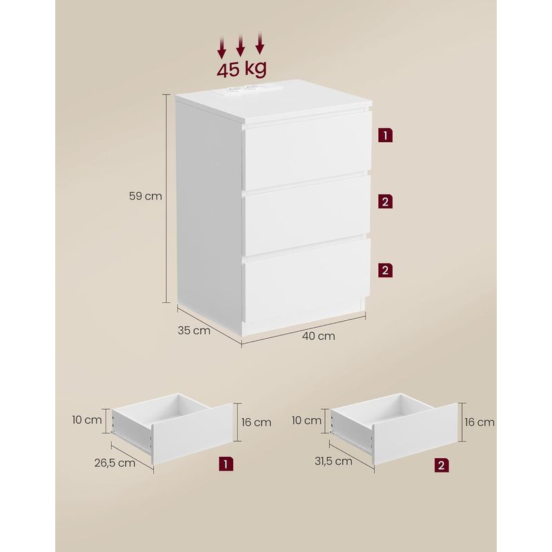 Casa si Gradina - Mobilier - Comode si corpuri - Noptiere - Set de 2 noptiere, cu sertare, 2 prize si 2 USB, 35x40x59 cm, alb - Infinity.ro