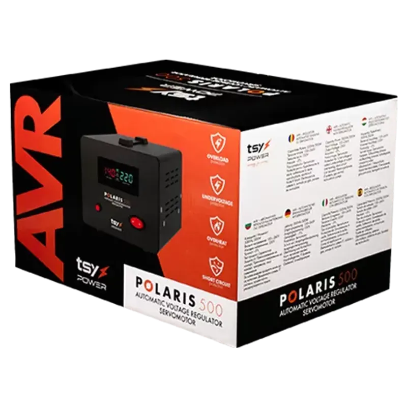 Casa si Gradina - Electrice - Smart Home - Accesorii control acces si supraveghere - Regulator de tensiune cu servomotor, 500VA, tensiune la intrare 150-260V, delay 6-180s AVR-POLARIS-500VA - Infinity.ro