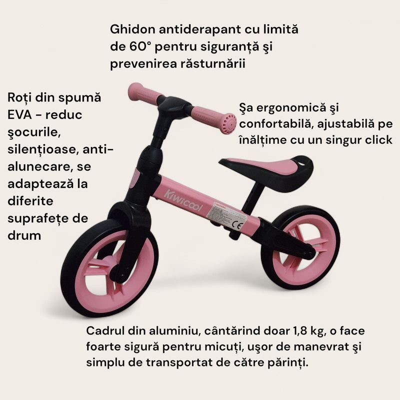 Sport si Outdoor - Ciclism - Biciclete pentru copii - Bicicleta de echilibru pentru copii (80-110 cm), inaltime reglabila, roti din spuma EVA, roz-negru - Infinity.ro