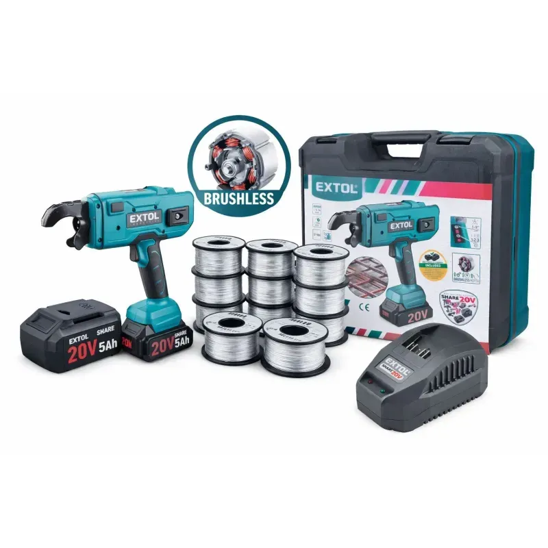 Casa si Gradina - Constructii - Scule electrice si accesorii - Masini de gaurit si insurubat - Masina de legat fier beton cu baterie EXTOL INDUSTRIAL brushless 1x5Ah + 10 sarme incluse - Infinity.ro