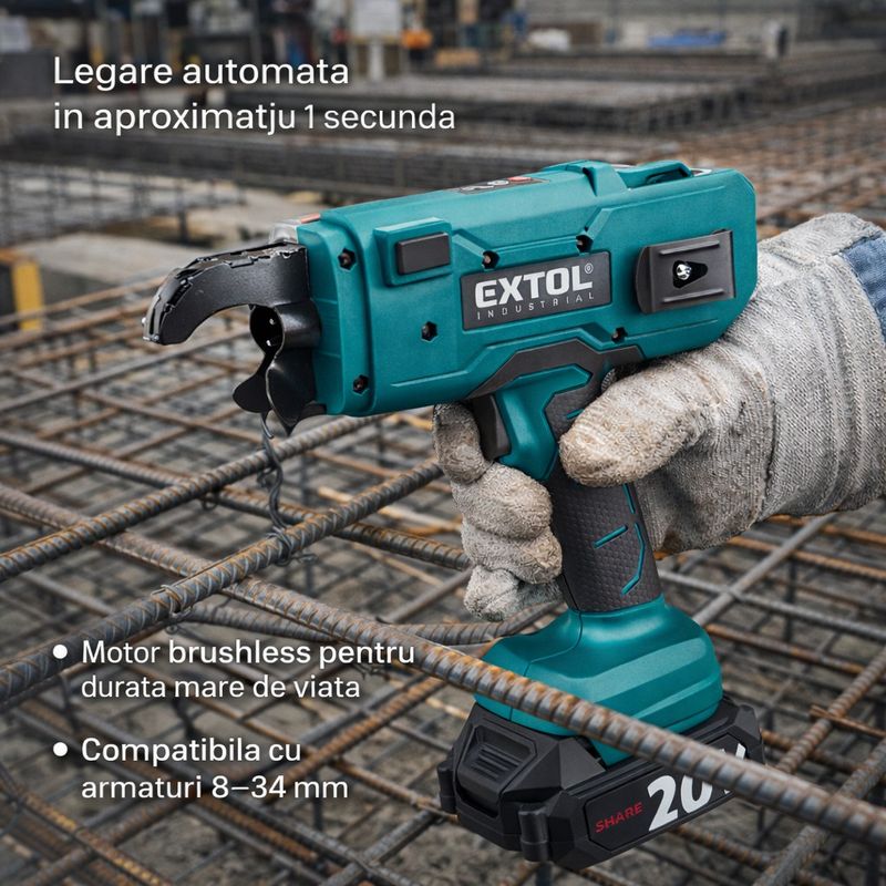 Casa si Gradina - Constructii - Scule electrice si accesorii - Masini de gaurit si insurubat - Masina de legat fier beton cu baterie EXTOL INDUSTRIAL brushless 1x5Ah + 10 sarme incluse - Infinity.ro