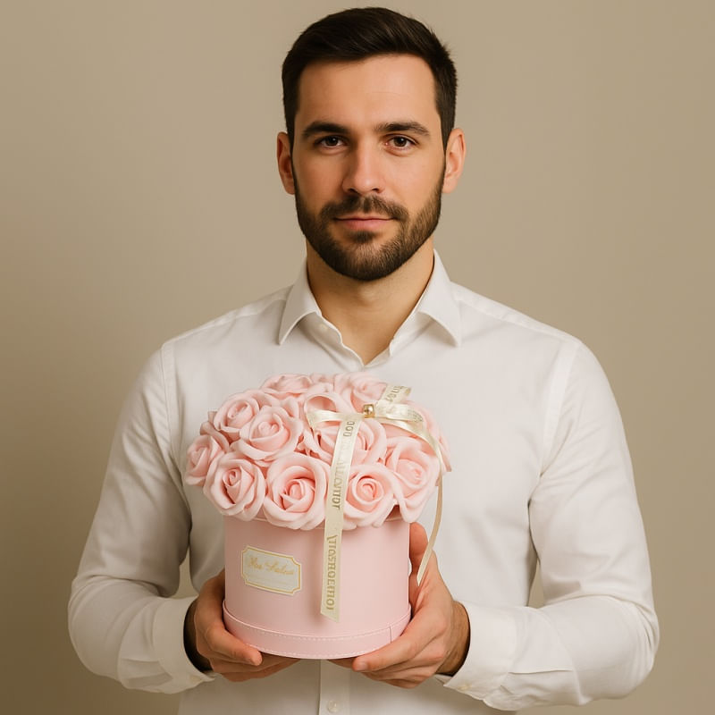 Market - Cadouri - Flori si aranjamente - Flower box 21 trandafiri parfumati din sapun, cutie transparenta cu maner, cadou elegant pentru femei, roz, BUK08R - Infinity.ro