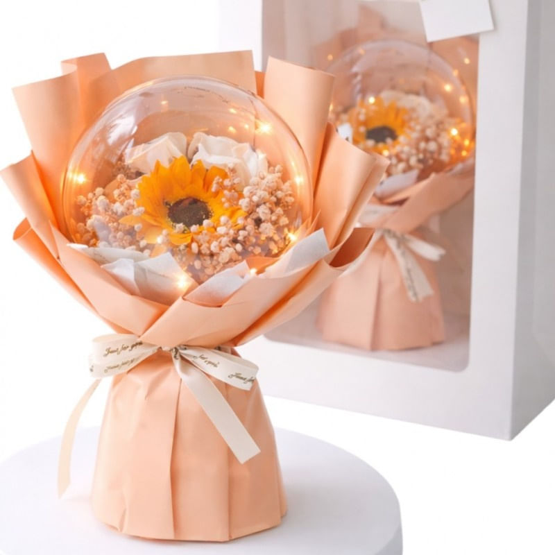 Market - Cadouri - Flori si aranjamente - Buchet cu flori parfumate din spaun, cu lumini LED in sfera, cadou in cutie eleganta, 3 moduri Iluminare, 30 cm, BUK14ZO - Infinity.ro