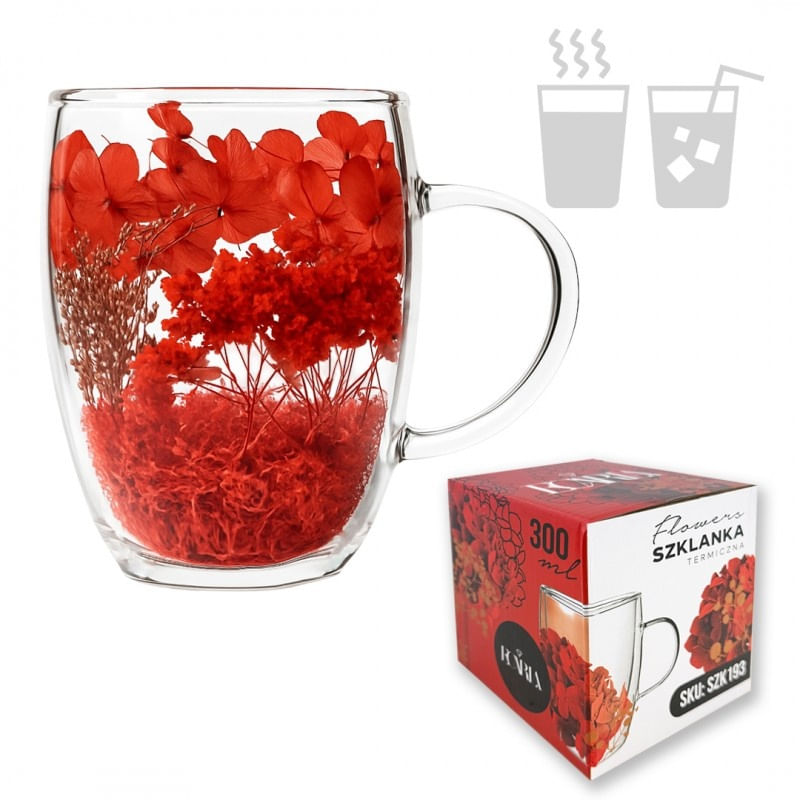 Casa si Gradina - Bucatarie si vesela - Cani si pahare - Cani si cesti - Cana cu hortensii si gypsophila rosii, pereti dubli, sticla borosilicata, 300 ml, SZK193 - Infinity.ro
