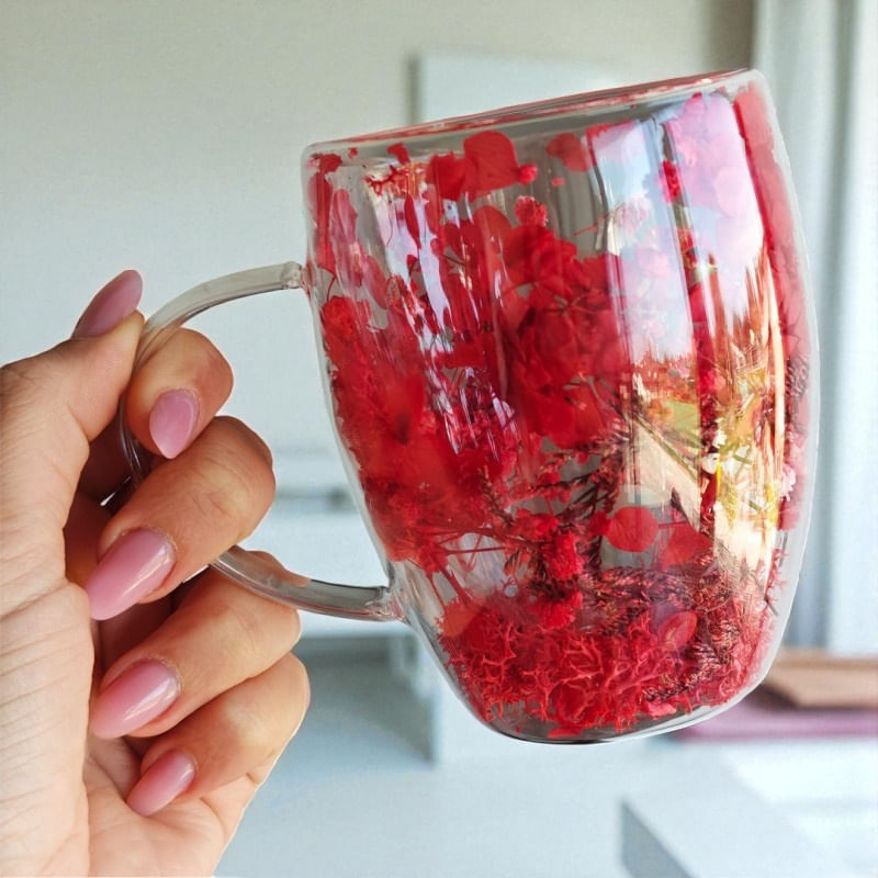 Casa si Gradina - Bucatarie si vesela - Cani si pahare - Cani si cesti - Cana cu hortensii si gypsophila rosii, pereti dubli, sticla borosilicata, 300 ml, SZK193 - Infinity.ro