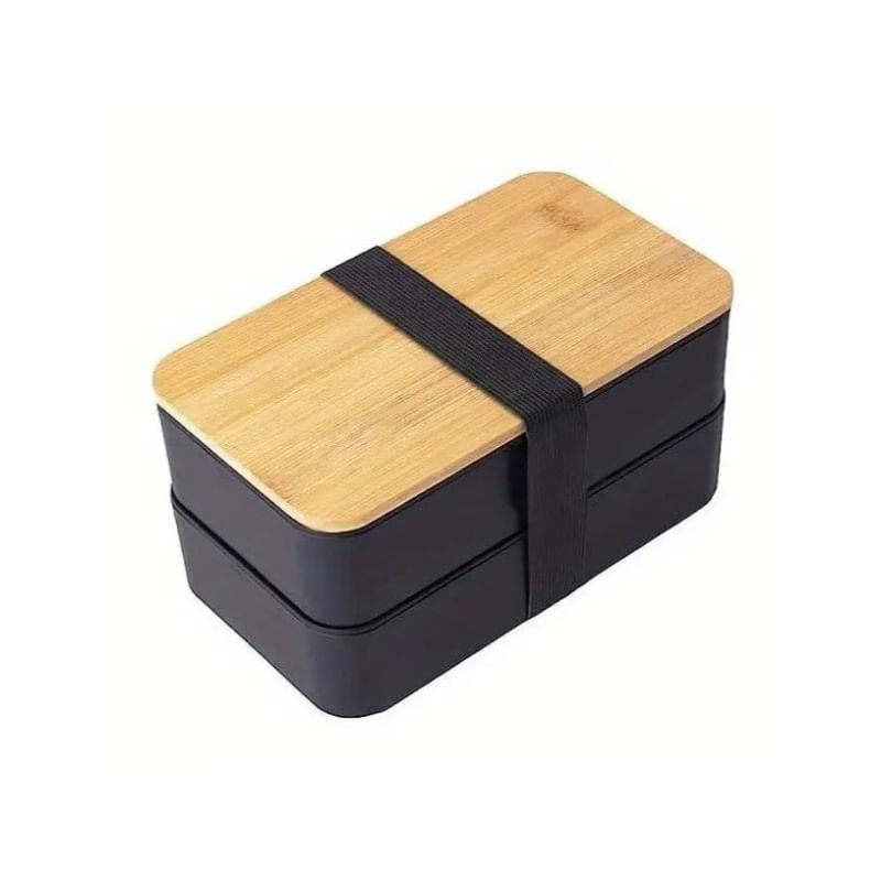 Casa si Gradina - Bucatarie si vesela - Organizare si depozitare bucatarie - Cutii alimentare - Lunch box dublu, 1.3 l, cu capac din bambus si tacamuri incluse, 2 nivele, negru, 8.5 x 10.5 x 9.3 cm, eCarla, PJM43 - Infinity.ro