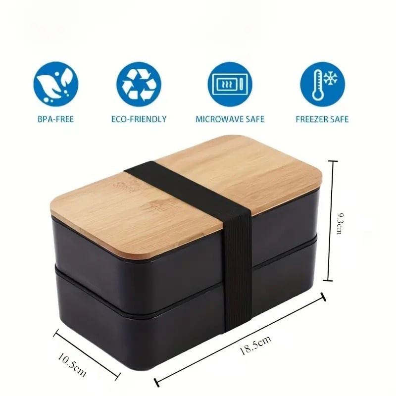 Casa si Gradina - Bucatarie si vesela - Organizare si depozitare bucatarie - Cutii alimentare - Lunch box dublu, 1.3 l, cu capac din bambus si tacamuri incluse, 2 nivele, negru, 8.5 x 10.5 x 9.3 cm, eCarla, PJM43 - Infinity.ro