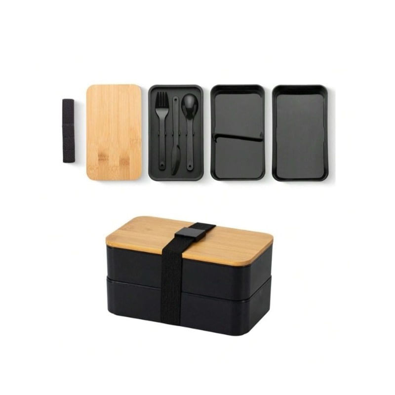 Casa si Gradina - Bucatarie si vesela - Organizare si depozitare bucatarie - Cutii alimentare - Lunch box dublu, 1.3 l, cu capac din bambus si tacamuri incluse, 2 nivele, negru, 8.5 x 10.5 x 9.3 cm, eCarla, PJM43 - Infinity.ro