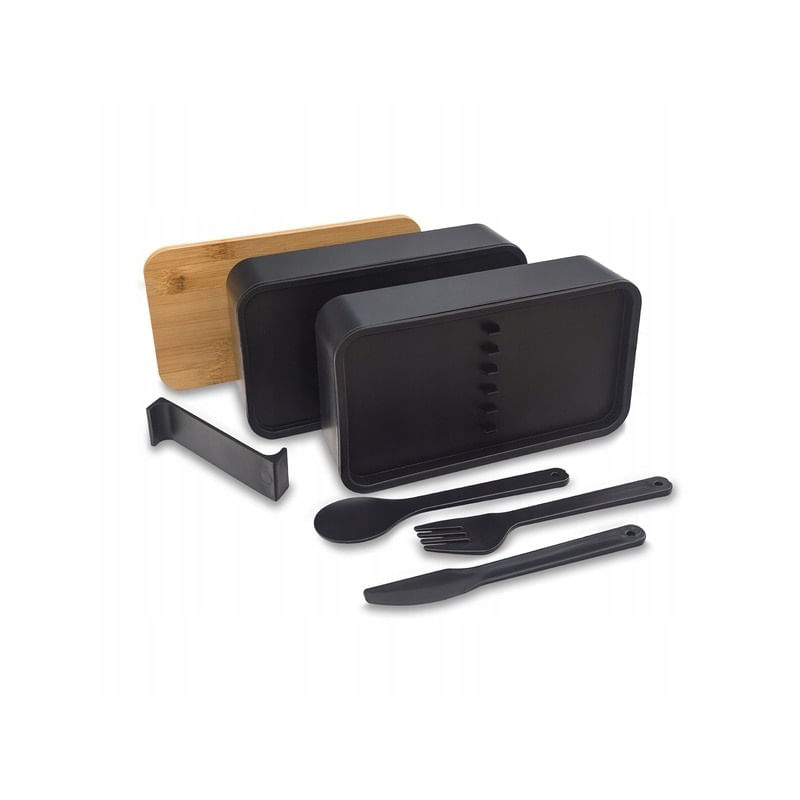 Casa si Gradina - Bucatarie si vesela - Organizare si depozitare bucatarie - Cutii alimentare - Lunch box dublu, 1.3 l, cu capac din bambus si tacamuri incluse, 2 nivele, negru, 8.5 x 10.5 x 9.3 cm, eCarla, PJM43 - Infinity.ro