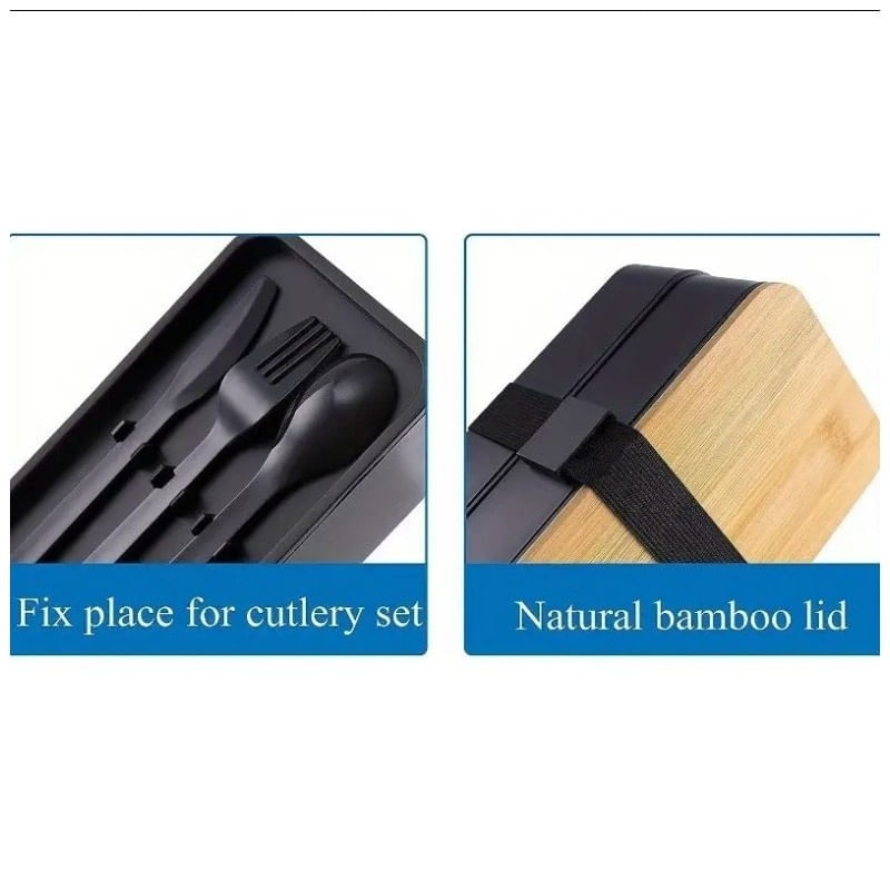 Casa si Gradina - Bucatarie si vesela - Organizare si depozitare bucatarie - Cutii alimentare - Lunch box dublu, 1.3 l, cu capac din bambus si tacamuri incluse, 2 nivele, negru, 8.5 x 10.5 x 9.3 cm, eCarla, PJM43 - Infinity.ro