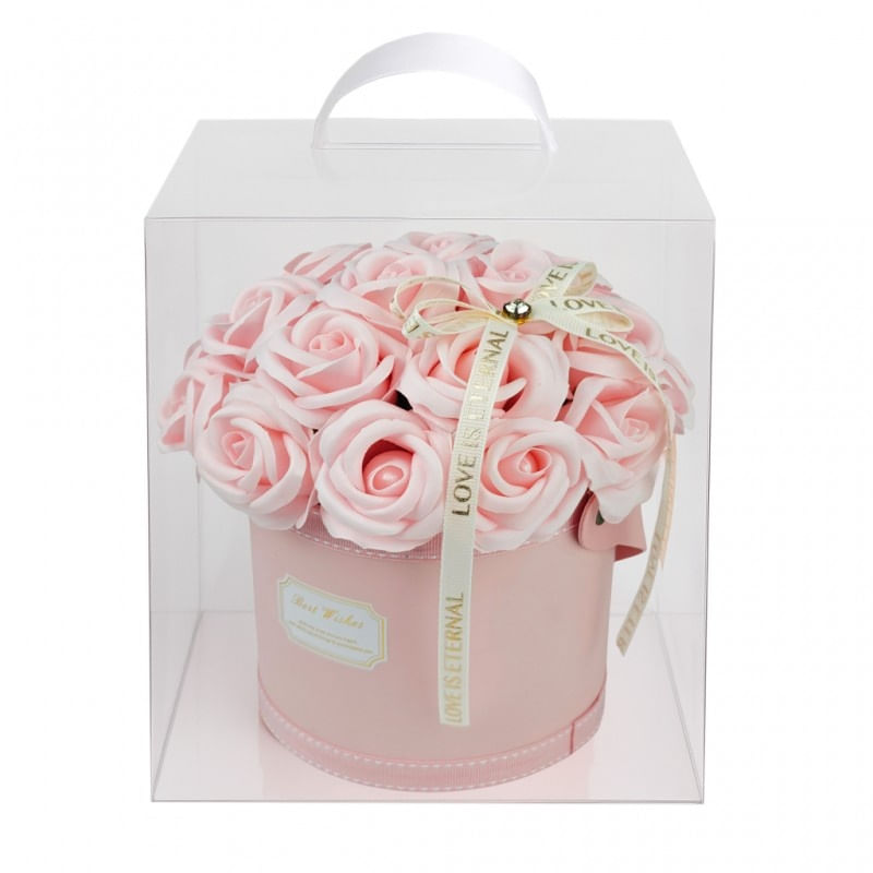 Market - Cadouri - Flori si aranjamente - Flower box 21 trandafiri parfumati din sapun, cutie transparenta cu maner, cadou elegant pentru femei, roz, BUK08R - Infinity.ro