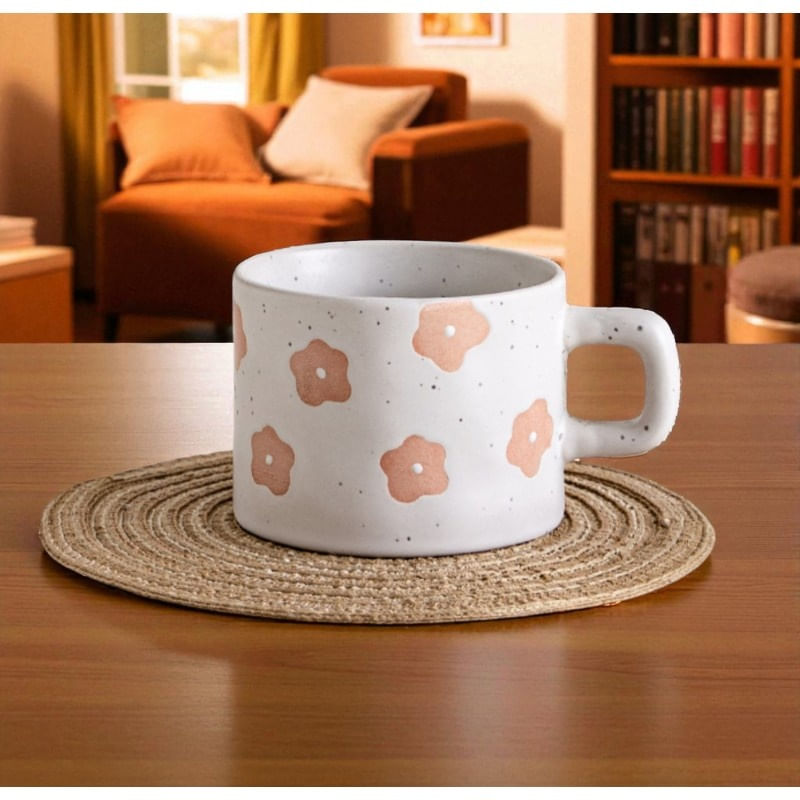 Casa si Gradina - Bucatarie si vesela - Cani si pahare - Cani si cesti - Cana ceramica, cu imprimeu bej, model floral retro, 250 ml, eCarla, KB30 - Infinity.ro