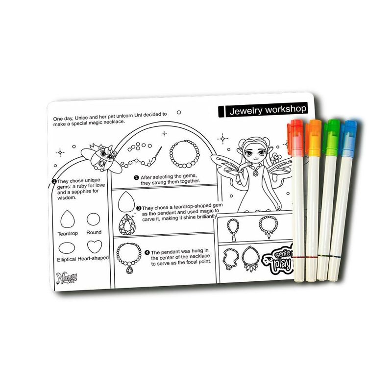 Jucarii, Copii si Bebe - Jucarii si jocuri - Jucarii & jocuri educative - Seturi de artizanat - Plansa de colorat reutilizabila, din silicon, cu 4 markere lavabile, Atelierul de bijuterii, 21x29.7 cm, Genie Pets - Infinity.ro