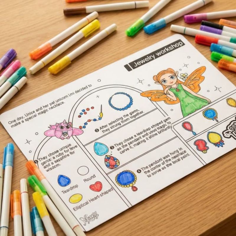 Jucarii, Copii si Bebe - Jucarii si jocuri - Jucarii & jocuri educative - Seturi de artizanat - Plansa de colorat reutilizabila, din silicon, cu 4 markere lavabile, Atelierul de bijuterii, 21x29.7 cm, Genie Pets - Infinity.ro