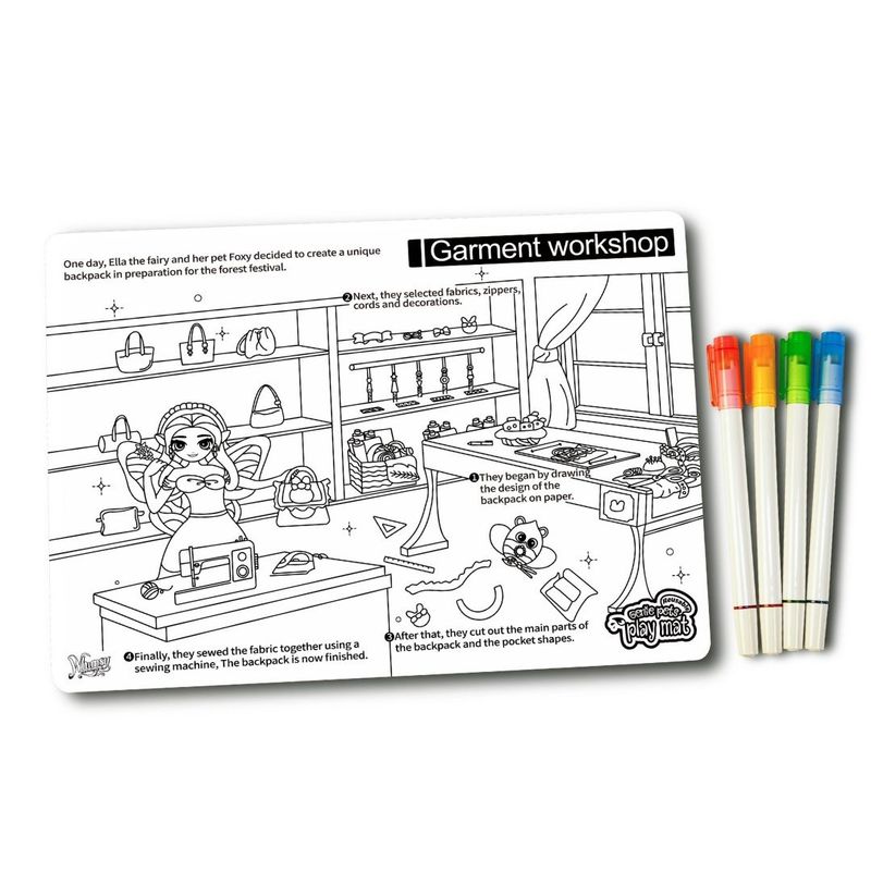 Jucarii, Copii si Bebe - Jucarii si jocuri - Jucarii & jocuri educative - Seturi de artizanat - Plansa de colorat reutilizabila, din silicon, cu 4 markere lavabile, Atelierul de imbracaminte, 29.7x42 cm, Genie Pets - Infinity.ro