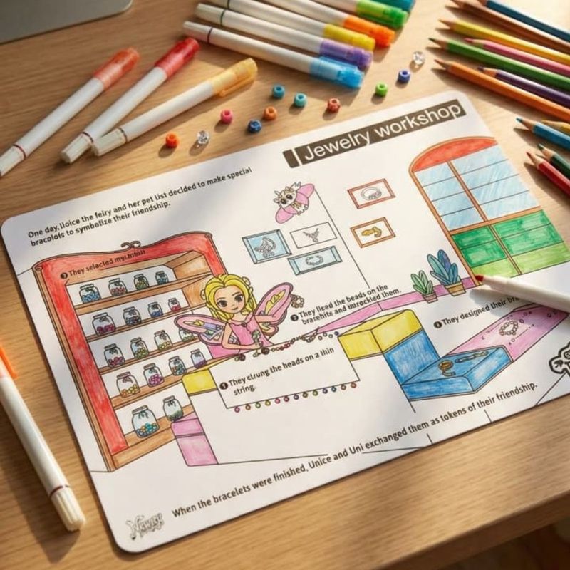 Jucarii, Copii si Bebe - Jucarii si jocuri - Jucarii & jocuri educative - Seturi de artizanat - Plansa de colorat reutilizabila, din silicon, cu 4 markere lavabile, Atelierul de bijuterii, 29.7x42 cm, Genie Pets - Infinity.ro