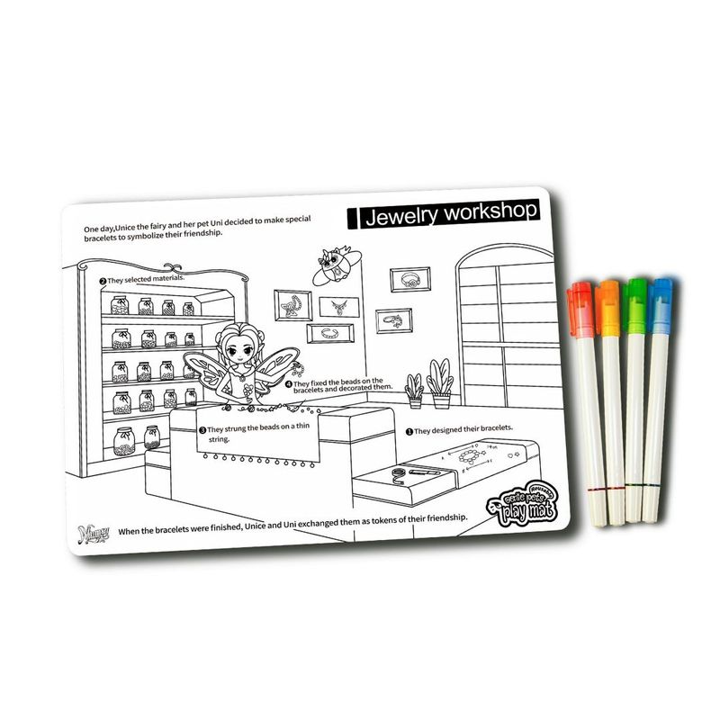 Jucarii, Copii si Bebe - Jucarii si jocuri - Jucarii & jocuri educative - Seturi de artizanat - Plansa de colorat reutilizabila, din silicon, cu 4 markere lavabile, Atelierul de bijuterii, 29.7x42 cm, Genie Pets - Infinity.ro