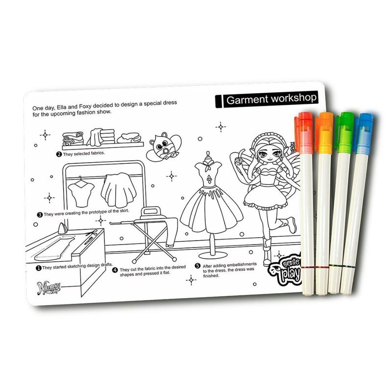 Jucarii, Copii si Bebe - Jucarii si jocuri - Jucarii & jocuri educative - Seturi de artizanat - Plansa de colorat reutilizabila, din silicon, cu 4 markere lavabile, Atelierul de imbracaminte, 21x29.7 cm, Genie Pets - Infinity.ro